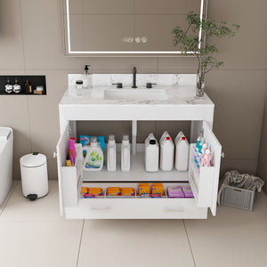 43" Bathroom Vanity With Artificial Marble Carrara Top Set, Multi Functional Bathroom Cabinet With Doors And Drawer - White