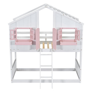 House Bunk Bed With Roof, Window, Window Box, Door, With Safety Guardrails And Ladder