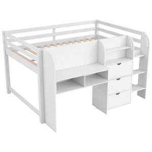Low Loft Bed With Built In Desk, Storage Cabinets, Open Bookcase And Doodle board
