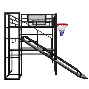 Loft Bed With Built In Desk, Open Wardrobe, Basketball Hoop, Slide And Staircase