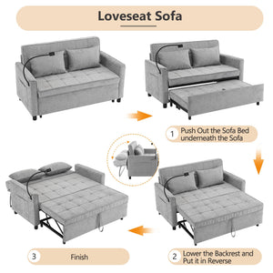 Pull-Out Sleeper Sofa With Reversible Backrest Cushion, Side Pockets, 2 USB Ports And A Phone Holder For Living Room
