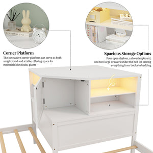 L-Shaped Bed Frame With Trundle, Built In Desk & LED Lighting
