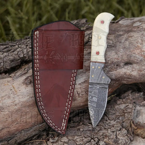 7.25” Hand Forged Damascus Steel Full Tang Skinner Knife - Camel Bone Handle
