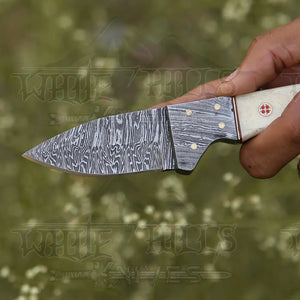 7.25” Hand Forged Damascus Steel Full Tang Skinner Knife - Camel Bone Handle