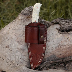 7.25” Hand Forged Damascus Steel Full Tang Skinner Knife - Camel Bone Handle