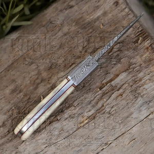 7.25” Hand Forged Damascus Steel Full Tang Skinner Knife - Camel Bone Handle