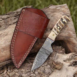 7.25” Handmade Forged Damascus Steel Full Tang Skinner Knife - Ram Horn Handle