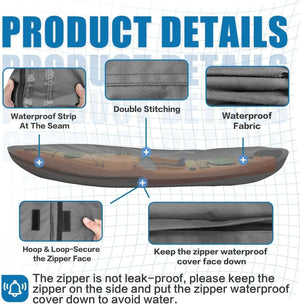 600D Kayak Cover: Upgraded Zipper Closure Waterproof Canoe Outdoor Storage Bag, Heavy Duty UV Protection Dust Paddle Board Cover for Fishing Boat
