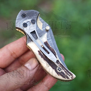7" Handmade Damascus Pocket Knife with Pocket Clip - Stag Antler Handle - Damascus Bolster WH 3530-CP