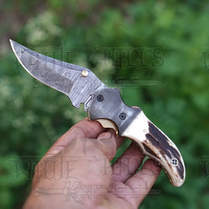 7" Handmade Damascus Pocket Knife with Pocket Clip - Stag Antler Handle - Damascus Bolster WH 3530-CP