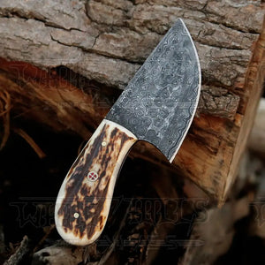 7” Handmade Damascus Steel Skinner Knife - Stag Antler Handle - Full Tang