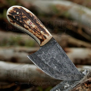 7” Handmade Damascus Steel Skinner Knife - Stag Antler Handle - Full Tang