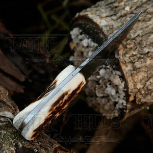 7” Handmade Damascus Steel Skinner Knife - Stag Antler Handle - Full Tang