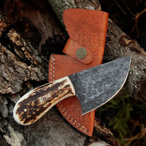 7” Handmade Damascus Steel Skinner Knife - Stag Antler Handle - Full Tang