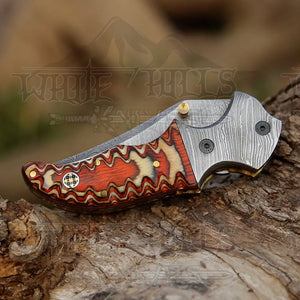 7" Handmade Forged Damascus Pocket Folding Knife - Orange Pakka Wood Handle - Damascus Bolster WH 3533