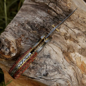7" Handmade Forged Damascus Pocket Folding Knife - Orange Pakka Wood Handle - Damascus Bolster WH 3533