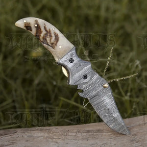 7" Handmade Forged Damascus Pocket Folding Knife - Ram Horn Handle - Damascus Bolster WH 3529