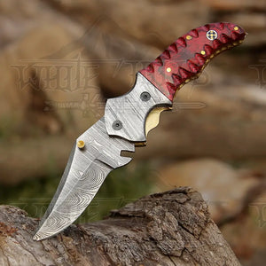 7" Handmade Forged Damascus Pocket Folding Knife - Red Pakka Wood Handle - Damascus Bolster WH 3534