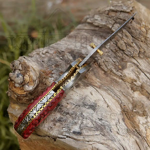 7" Handmade Forged Damascus Pocket Folding Knife - Red Pakka Wood Handle - Damascus Bolster WH 3534