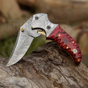 7" Handmade Forged Damascus Pocket Folding Knife - Red Pakka Wood Handle - Damascus Bolster WH 3534