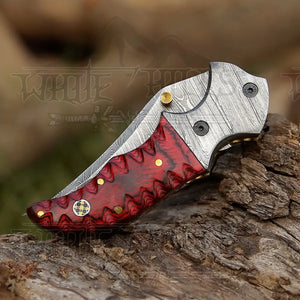 7" Handmade Forged Damascus Pocket Folding Knife - Red Pakka Wood Handle - Damascus Bolster WH 3534