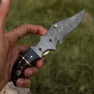 7" Handmade Forged Damascus Pocket Folding Knife - Wood & Bull Horn Handle - Damascus Bolster WH 3528