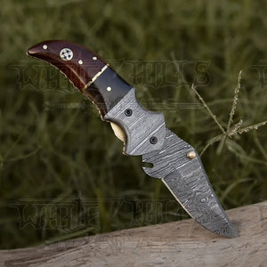 7" Handmade Forged Damascus Pocket Folding Knife - Wood & Bull Horn Handle - Damascus Bolster WH 3528