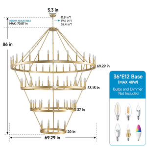 70.87 Inch 3-Tier Wagon Wheel Chandelier with 60 Lights - Gold
