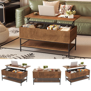 Rectangle Lift Top Coffee Table With Hidden Storage And Lower Shelf - Brown