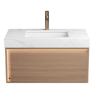Nyah 36'' Bathroom Vanity & Sink, Floating Ultra-Slim Grille Plywood Cabinet, Drawer with Sensor Light, Carrara
