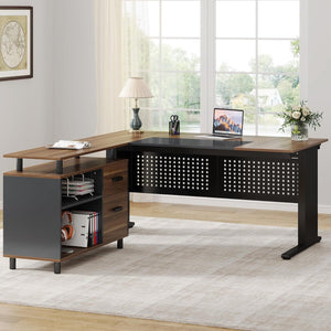 L-Shaped Executive Desk With File Cabinet, Office Workstation With Drawers, Shelves & Storage