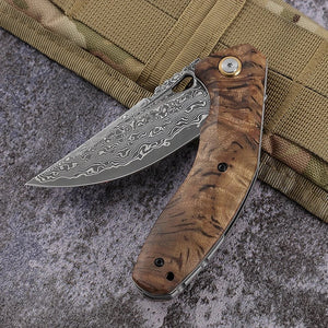 Tomahawk Damascus Pocket Knife with Clip and Exotic Olive Wood Handle