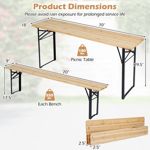 70 Inch 3-Piece Folding Picnic Table with Benches for 6 Fir Wood Portable Bear Camping Table-Black