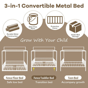 3 In 1 Convertible Montessori Floor Bed With Fenced Support