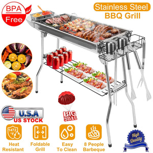 Foldable BBQ Grill Portable Charcoal Barbeque Grill Stainless Steel BBQ Grill For Picnic Camping Backyard Cooking