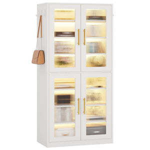Bookcase With Doors And LED Lighting, 8 Adjustable Shelves Storage Cabinet