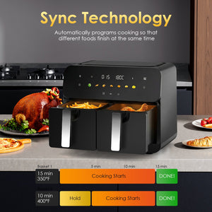 10QT Dual Air Fryer with 2 × 5QT Double Basket and SyncCook