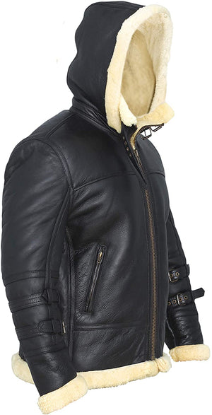 Men's Black B3 Shearling Jacket with Removable Hood