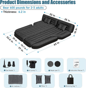 DikaSun 63in Extended SUV Mattress — Quick Inflate, Includes Pump & 2 Pillows,Black