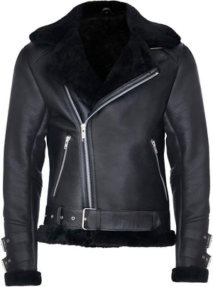 Men’s Retro RAF B3 Pilot Real Sheepskin Shearling Biker Leather Jacket