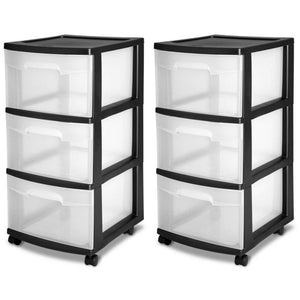 Sterilite 3-Drawer Plastic Rolling Storage Cart, Clear with Black Frame (2-Pack)