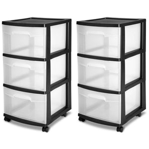 Sterilite 3-Drawer Plastic Rolling Storage Cart, Clear with Black Frame (2-Pack)