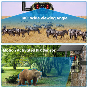4G 4K 30FPS Solar Trail Camera Outdoor Wildlife Camera Motion Activated IP66 Waterproof with 140¼Viewing Angle No Glow Night Vision SIM Card APP Contr