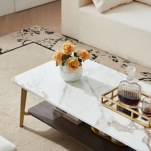 Coffee Table Rectangular Center Table For Living Room Open Space Side Table With Metal Frame - Golden / White