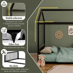 Montessori Style Floor House Shaped Bed With Safety Guardrails