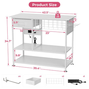 Large Heat Press Table With Charging Station, Movable Workbench For Diy Sublimation - White