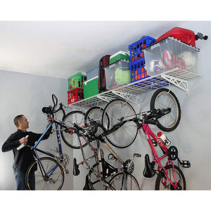 SafeRacks 18 x 48 Inch Garage Wall Shelf Two-Pack with Bike Tire Hooks, White