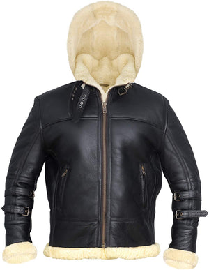 Men's Black B3 Shearling Jacket with Removable Hood