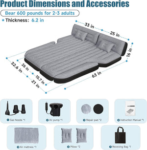 DikaSun 63in Extended SUV Mattress — Quick Inflate, Includes Pump & 2 Pillows,Grey