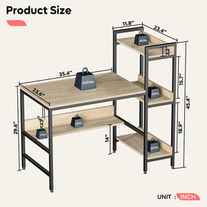 Bestier Computer Office Desk Workstation with Side Storage Shelves & Hook, Oak